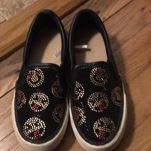Emoji Gold, Red and Black Sequin Shoes. Size 13